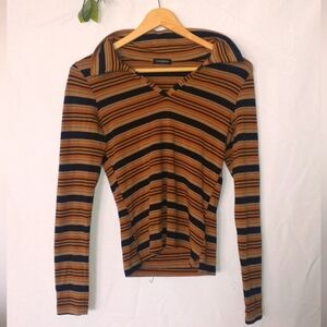 Y2K Vintage 90's Retro Brown and Black Fitted Ribbed Collared Shirt Small